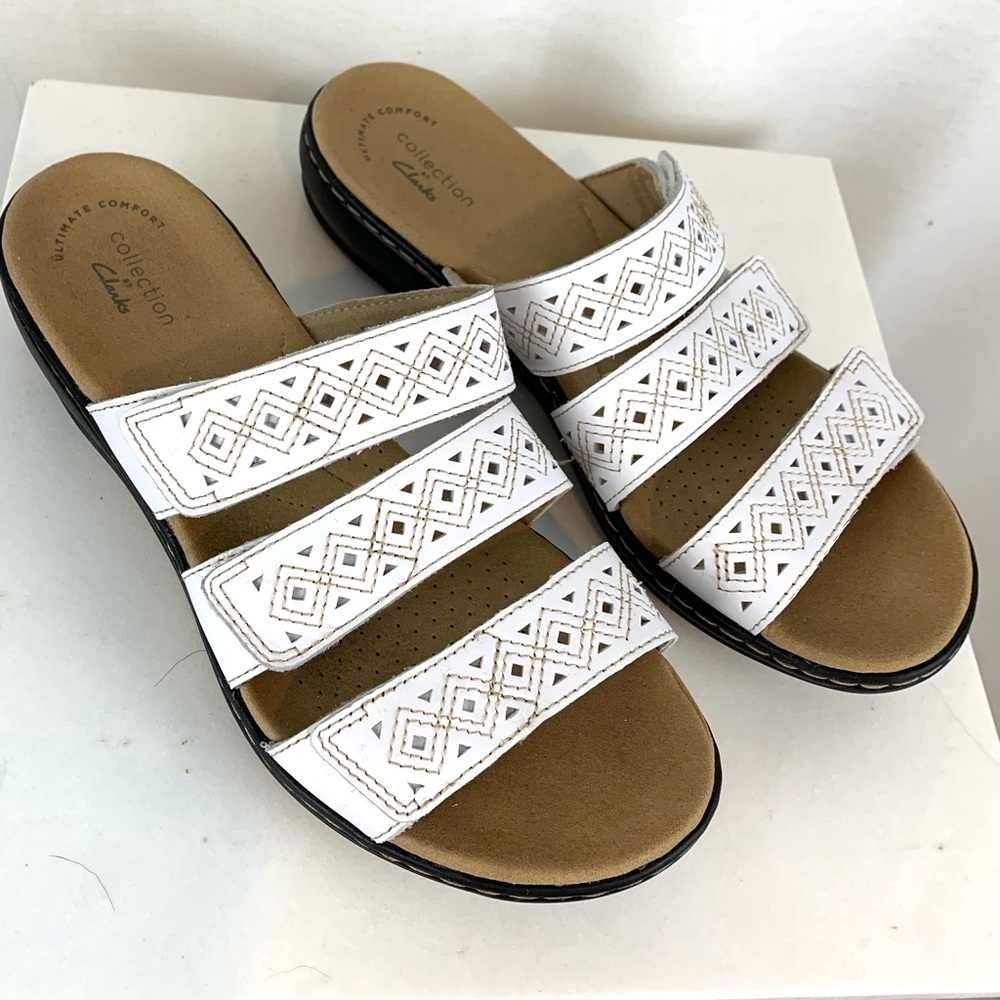 Clarks White Triple-Strap Perforated Slide Sandals